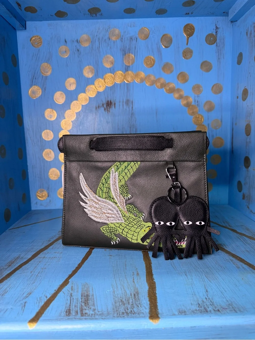 Min&Mon Green Leather Purse with Embroidered Crocodile
